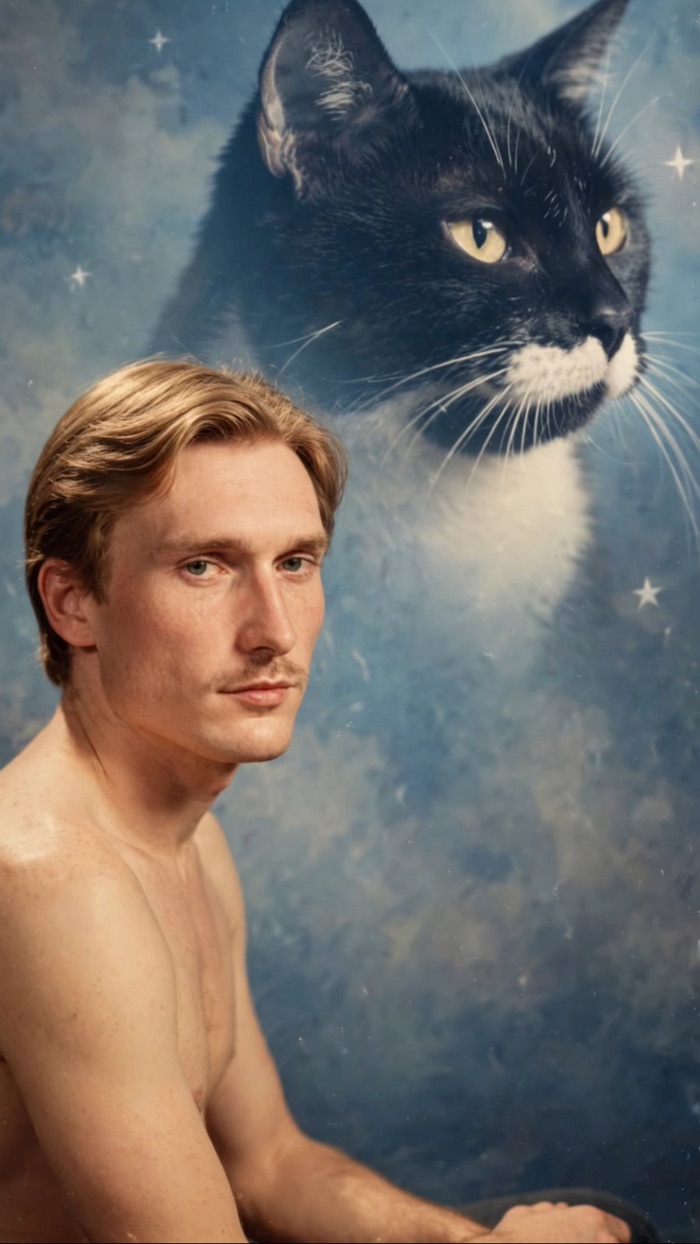 Studio glamour portrait of Cam, shirtless, in front of a cloudy blue backdrop with an enormous tuxedo cat face floating above him