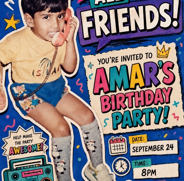 A retro birthday party invitation with a kid on a corded phone and the words Calling All Friends, You're Invited to Amar's Birthday Party