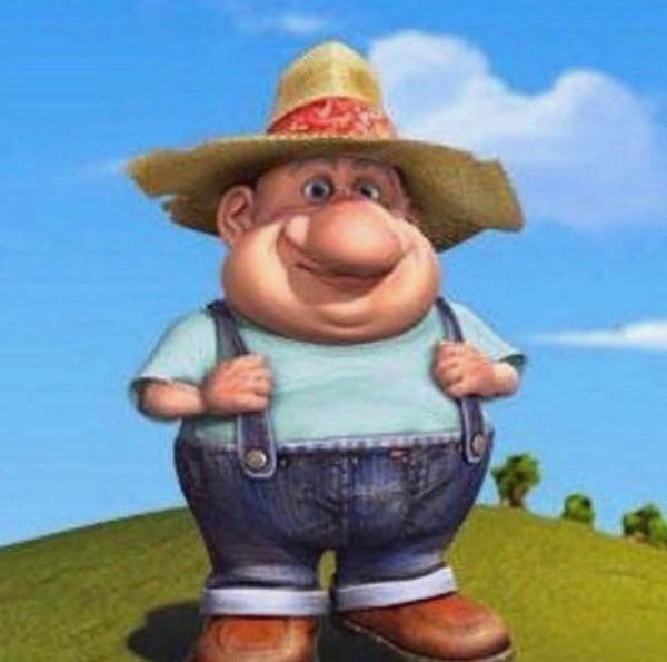 3D cartoon farmer with a huge straw hat, enormous cheeks and denim overalls on a hill