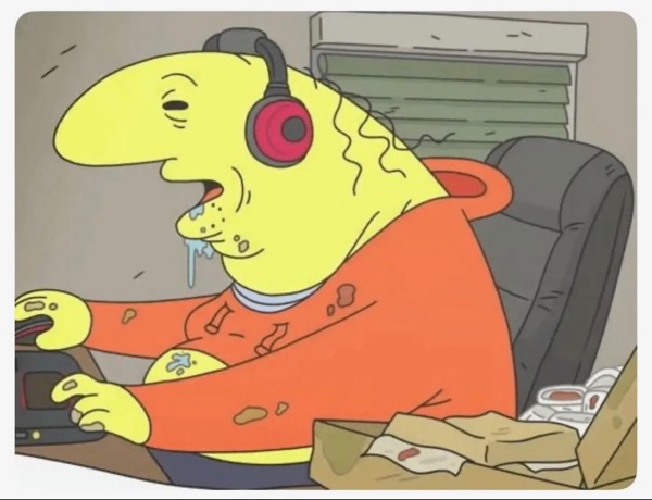 Cartoon of a drooling yellow creature with headphones hunched over a computer, covered in food stains
