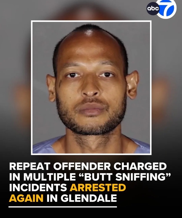News graphic about a repeat butt sniffing offender arrested in Glendale