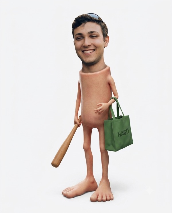 A smiling man's head edited onto a tiny naked cartoon body holding a baseball bat and a green NAGO tote bag
